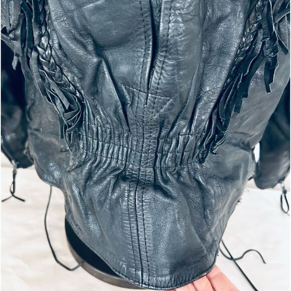 Unik Black Cropped Leather Jacket with Fringe, Harley Patches size Large - Picture 4 of 15